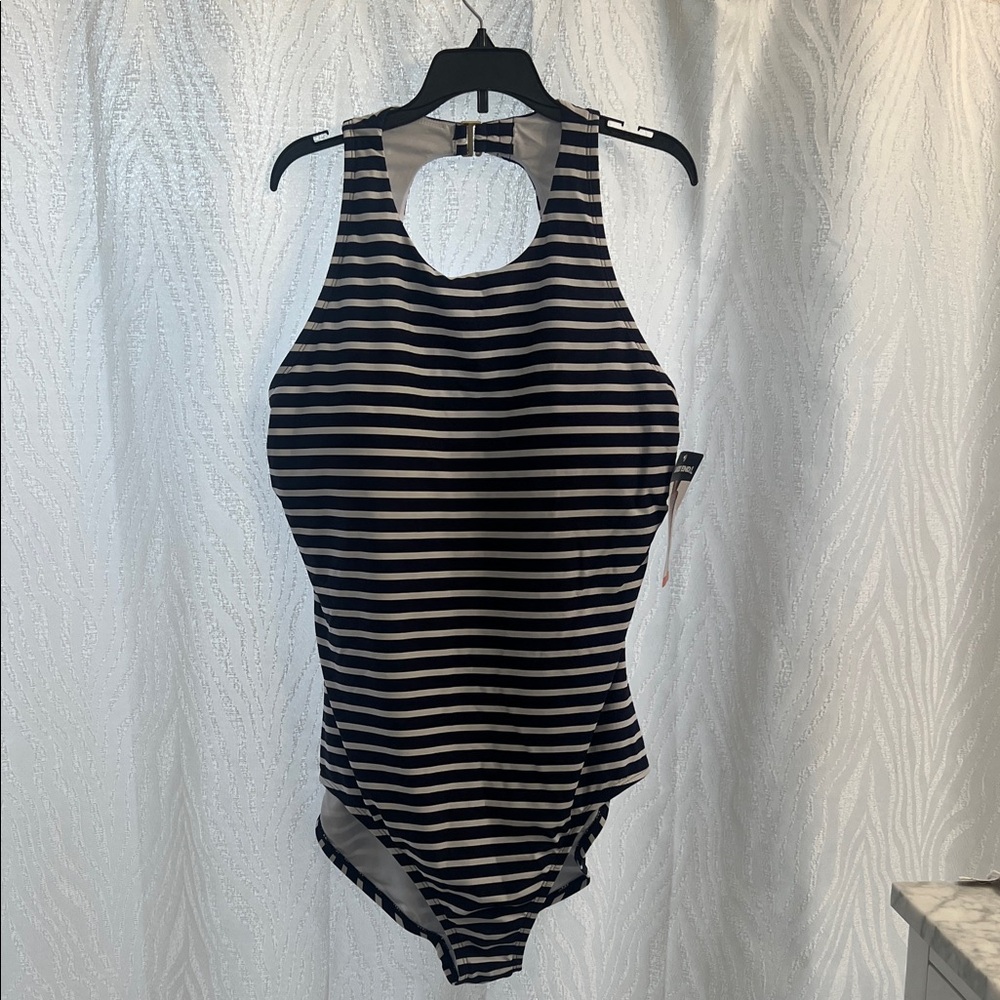 New Lands' End Navy and White Striped One Piece Swimsuit